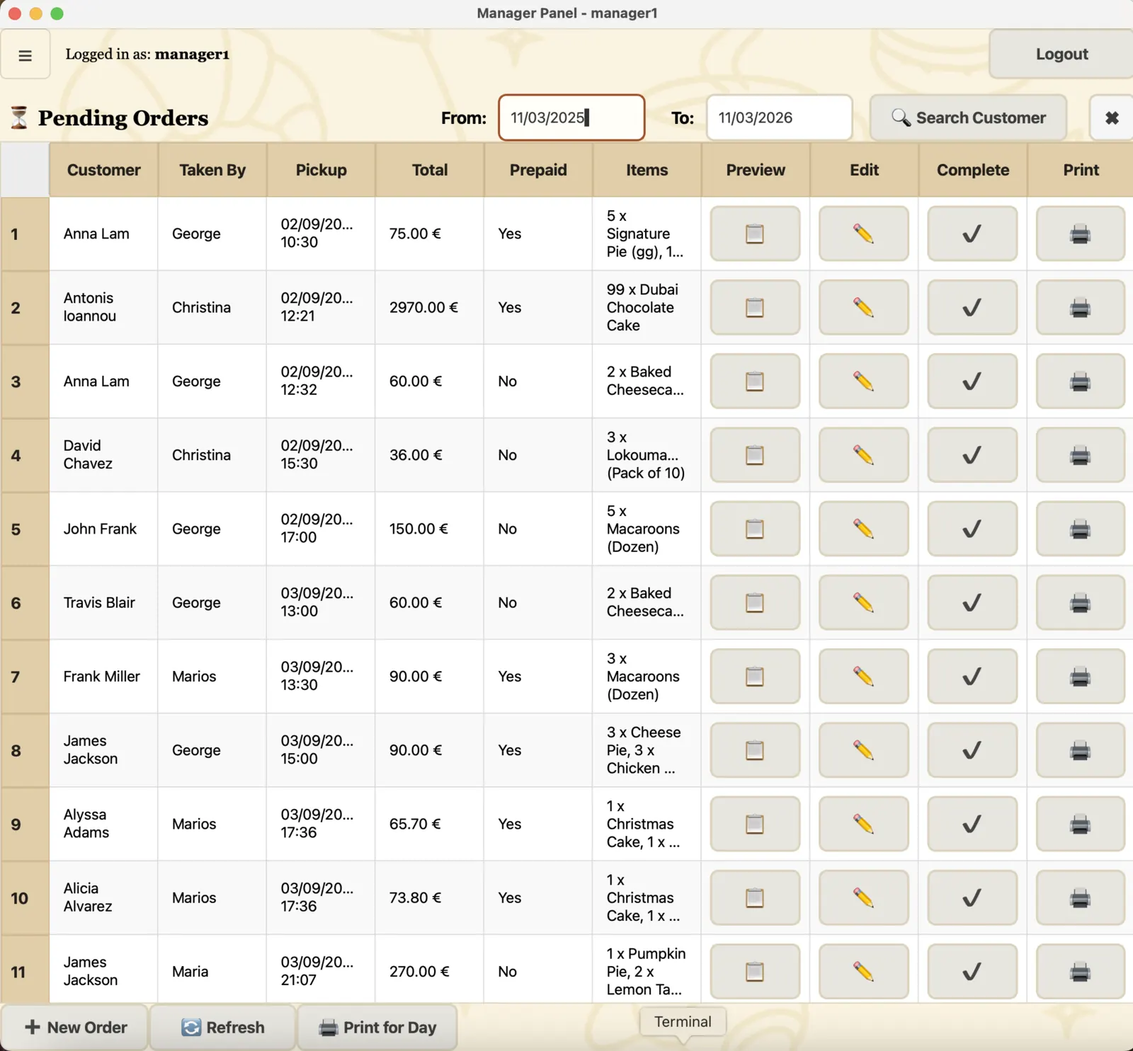 POS pending orders interface